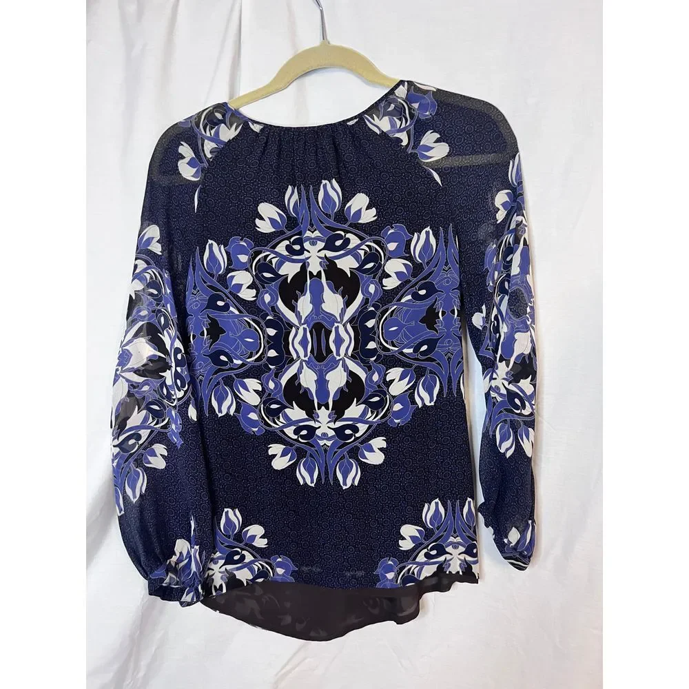 Tory Burch Screen‎ Print Silk Medallion Scroll Blue Cream Sheer Blouse Size 2
